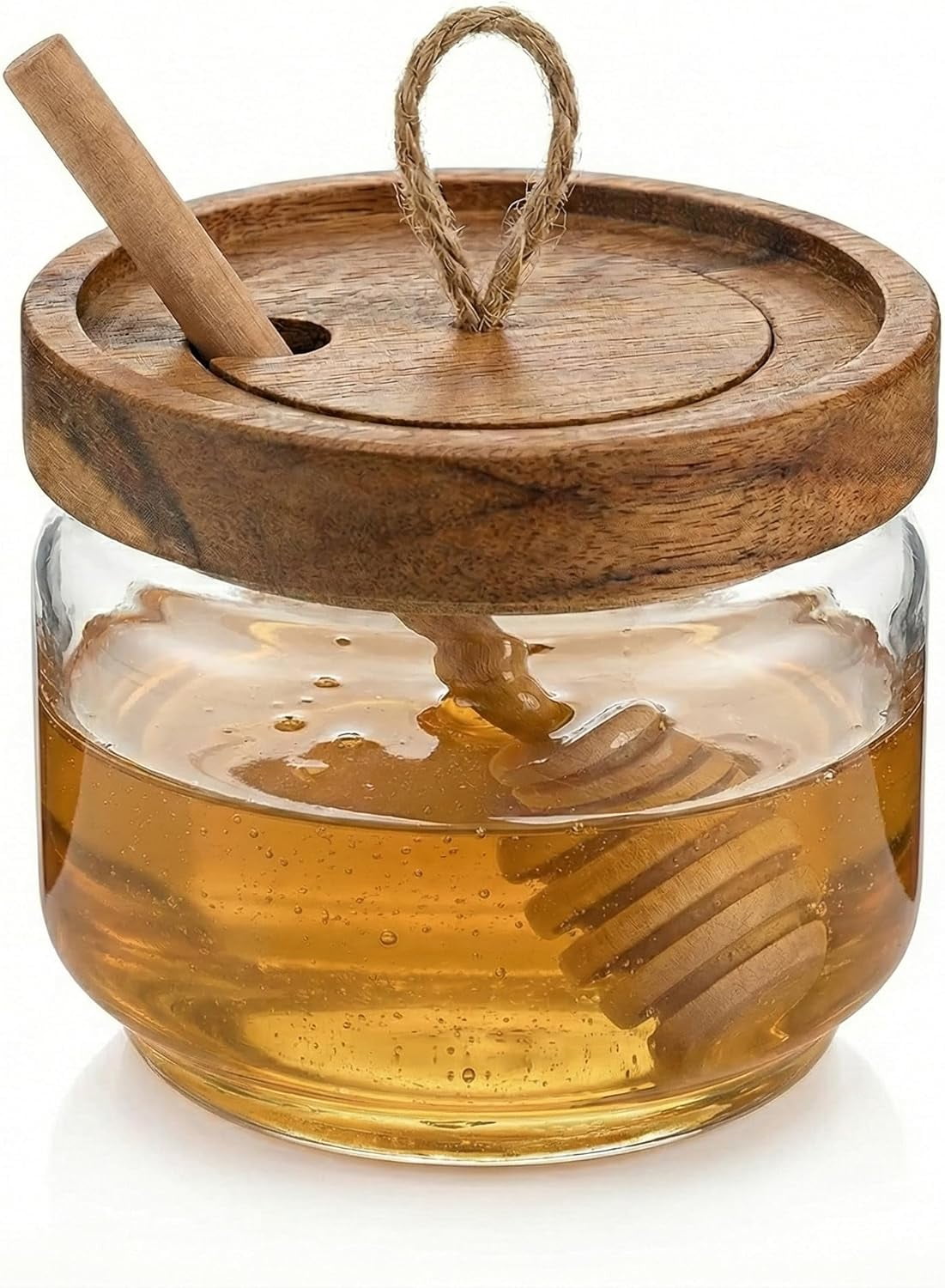 Honey Jar Pot Glass Holder Dispenser Set with Wooden Dipper Stick and Acacia Lid Cover for Home Kitchen, Clear, Modern Syrup Container Storage Gift, Drizzler (9 Oz)