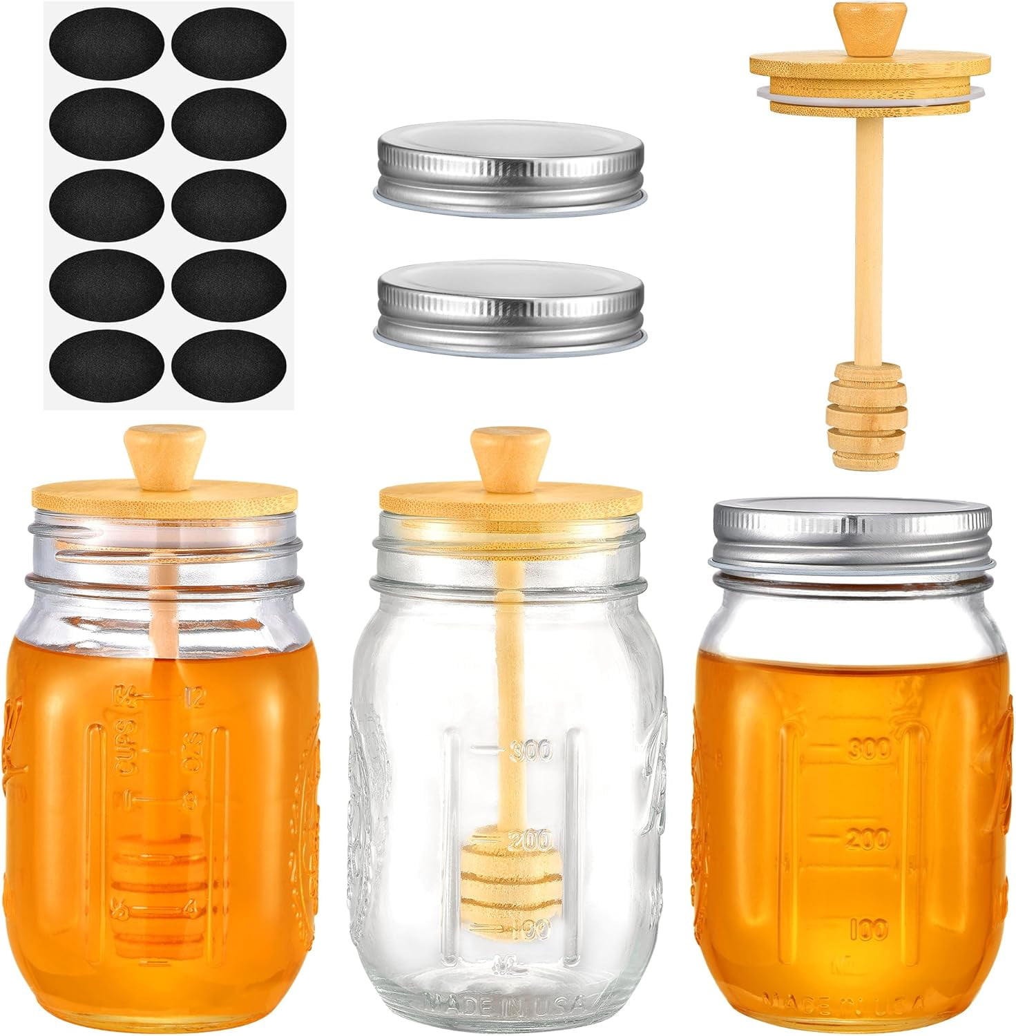Honey Jar with Dipper and Lid, 16oz Pot Set of 3, Syrup Storage Jars Lids, Dispenser for Home Kitchen