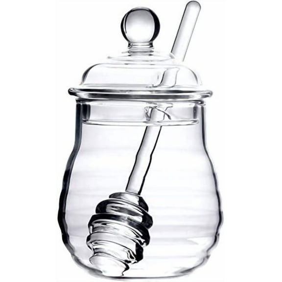 Honey Jar with Dipper and Lid, 10 OZ Heat-Resistant Bee Hives Honey Pot, Clear Glass Honey Container for Store Honey and Syrup, Home and Kitchen, Easy to Clean, Dishwasher Safe