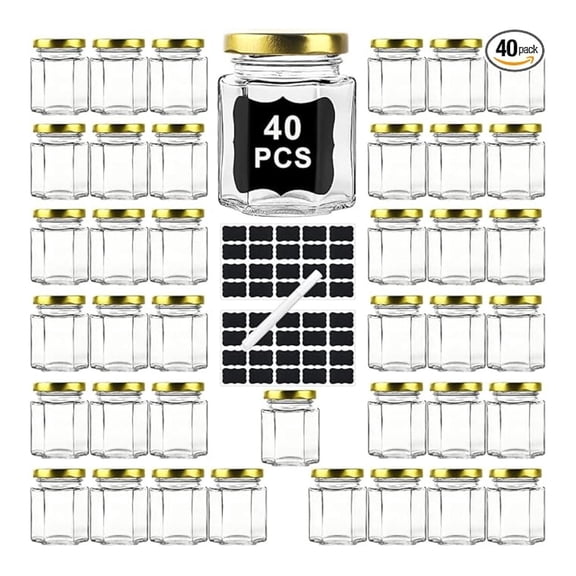Honey Jars with Lids 3oz - 40 Pack Small Glass Jars for Wedding Favors, Baby Showers, Canning, Spice, Candy, Jam - Hexagonal Airtight Jars with Labels