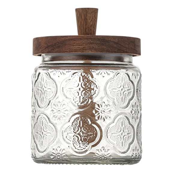 Honey Jars with Dipper and Lid Airtight Glass Jar with Acacia Wood Lid, Embossed Floral Glass Pot for Storing Honey Syrup,Home Kitchen Transparent