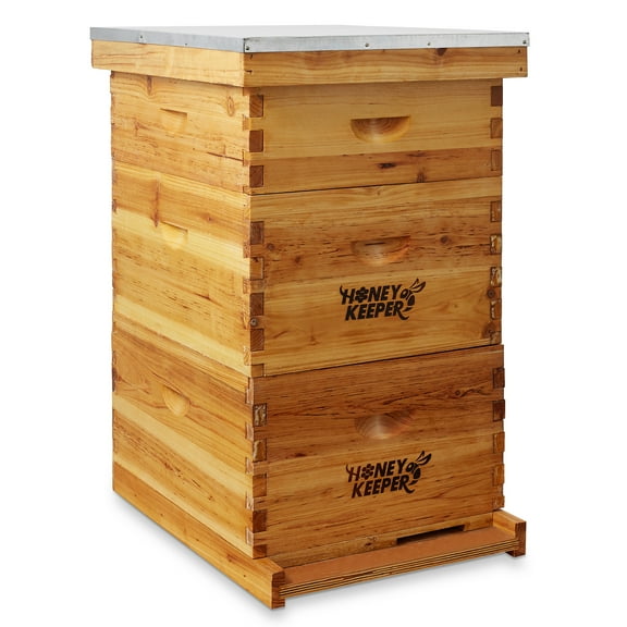 Honey Keeper Beehive 10 Frame Complete Box Kit Coated in 100% Beeswax (Waxed Boxes, 2 Deep and 1 Medium) with Wooden Frames and Waxed Foundations for Langstroth Beekeeping