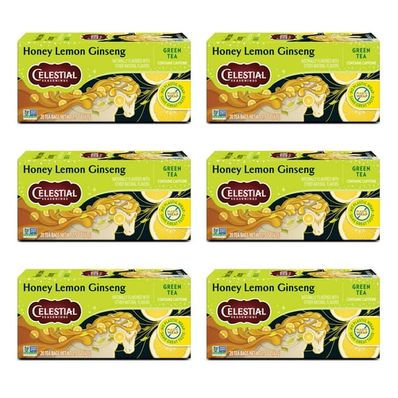 Honey Lemon Ginseng Green Tea, Caffeinated, 20 Tea Bags Box, (Pack of 6)
