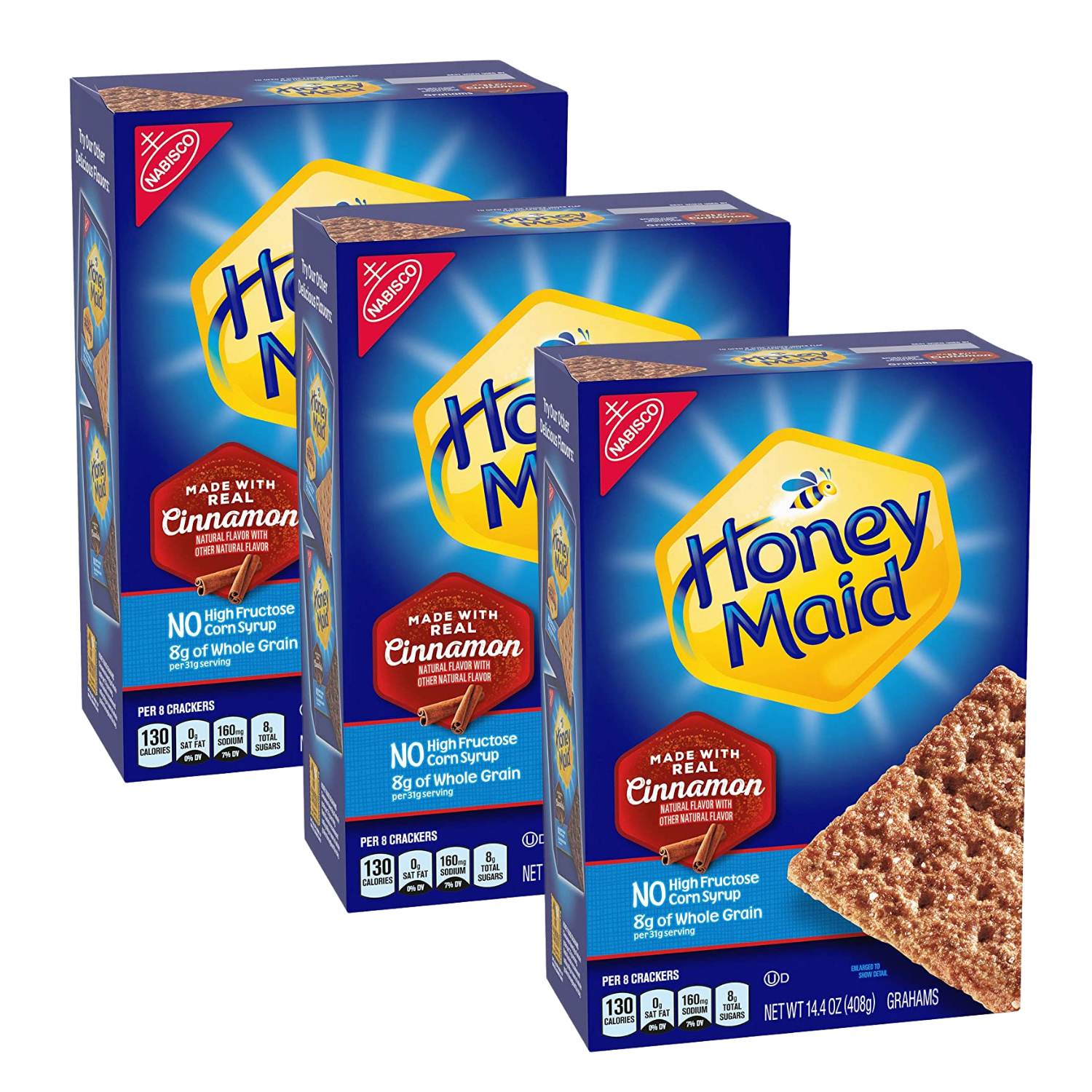 Honey Maid Cinnamon Graham Crackers Made with Real Cinnamon & No High Fructose Square Shaped Cracker Great for Snacks Halloween & Holiday Sweet Baking Treats 14.4oz Box Set of 3