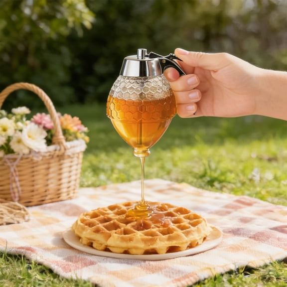 Honey Maple Syrup Dispenser,Creative No Drip Plastic Honey Jar,Honeycomb Shaped Honey Jar with Stand 6" Clear Container,Juice Syrup Cup Kitchen Accessories,Kitchen Container Decor