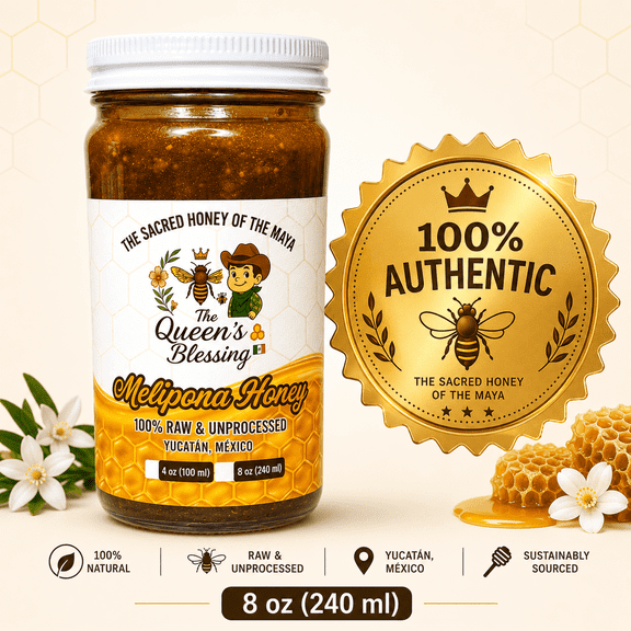 Authentic Melipona Honey with Bee Pollen, 8 oz | 100% Pure Stingless Bee Honey | The Queen's Blessing