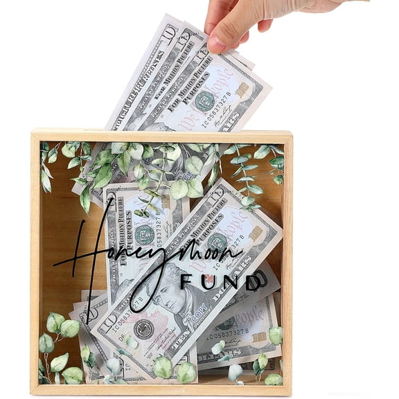 Honey Moon Fund Box Wedding Card Rustic Wooden Fund Case Wood Greenery Honeymoon Shadow Box for Wedding Reception Party Bridal Shower Gift, 8 x 8 Inch$$Electronics Accessories