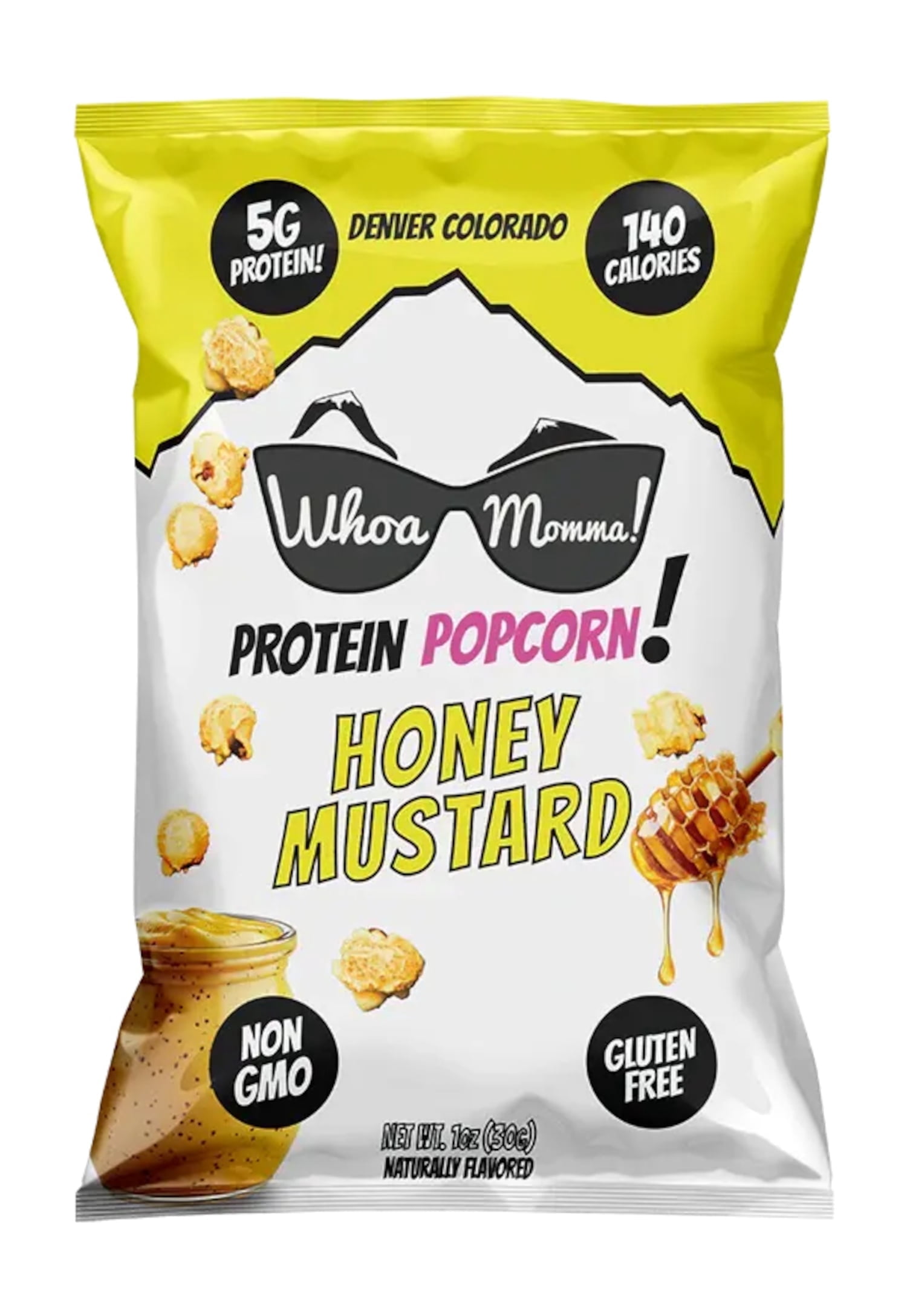 Whoa Momma! Protein Popcorn Honey Mustard, High Protein, Gluten Free Cheese Popcorn, 12-pack of 1oz Bags