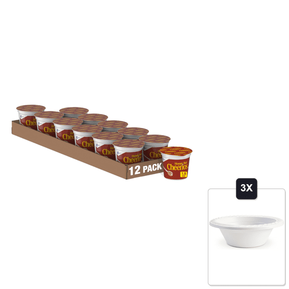 Honey Nut Cheerios Breakfast Cereal Cup, Single Serve Cereal, 1.8 oz (Pack Of 12) & 3x 12oz Disposable Plastic Bowl