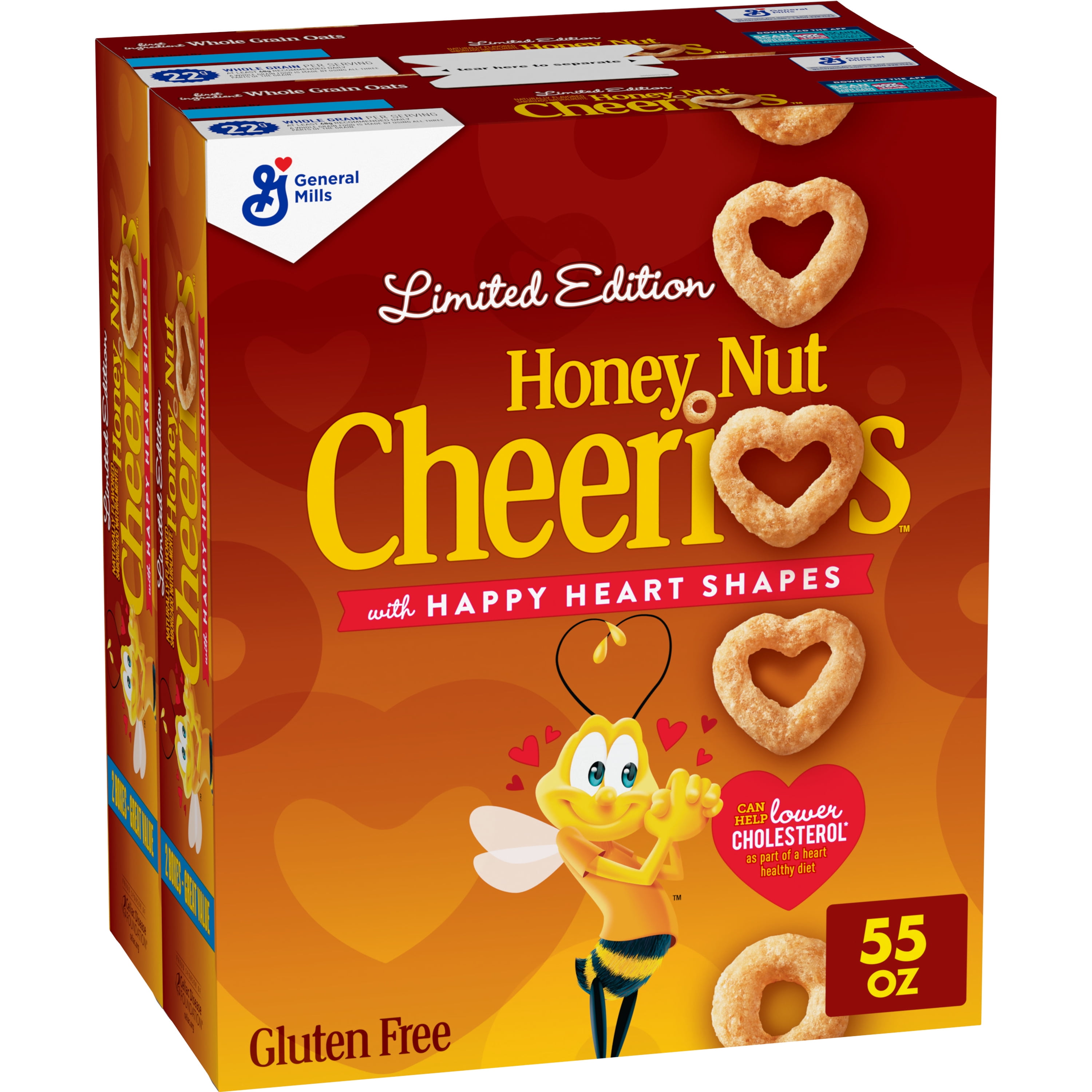 Honey Nut Cheerios Heart Healthy Cereal, Happy Heart Shapes, 55 oz (2 Boxes)