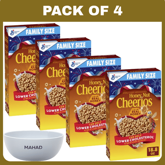 Honey Nut Cheerios, Heart Healthy Gluten Free Breakfast Cereal, Family Size, 18.8 oz-4 pack-with Bowel by Mahad