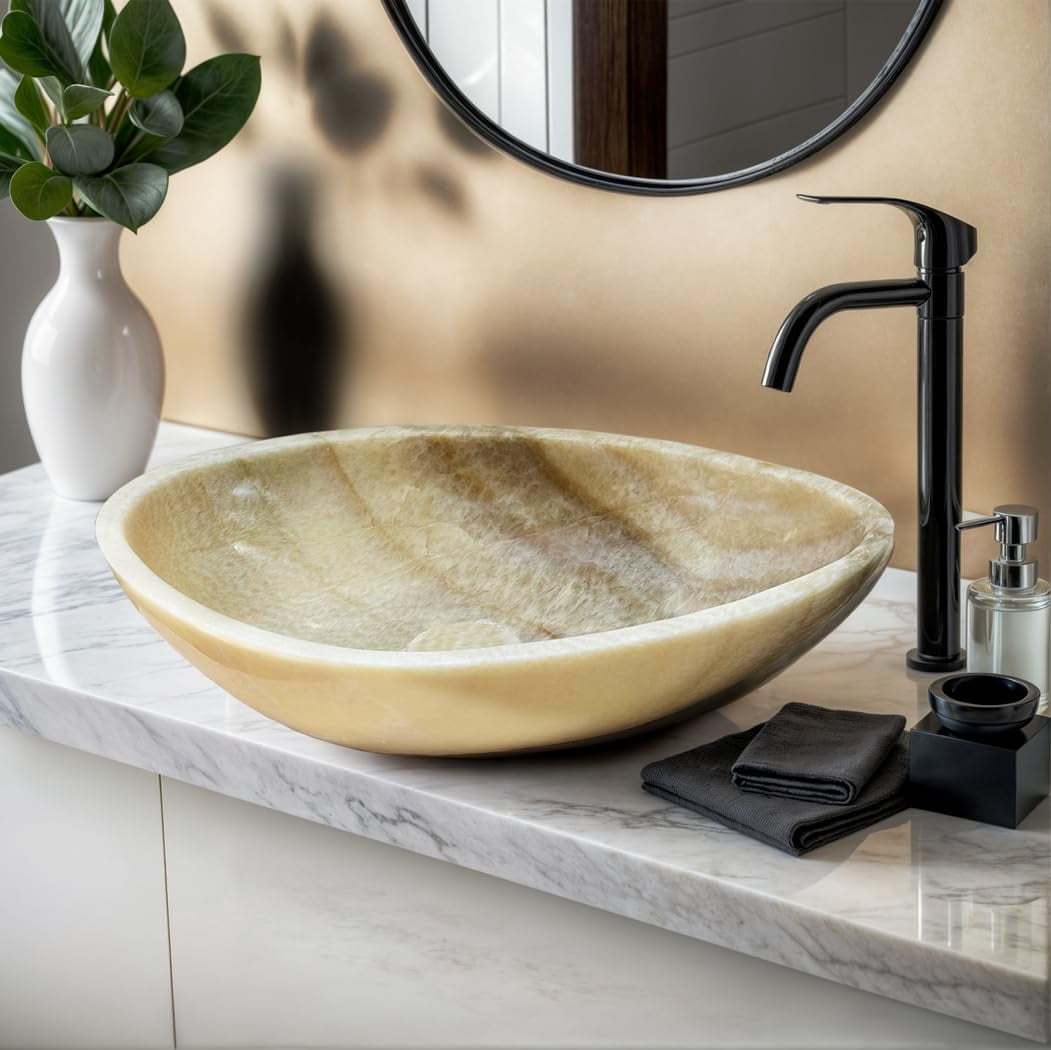Honey Onyx Marble Vessel Sink - Elegant Oval Design with Translucent ...