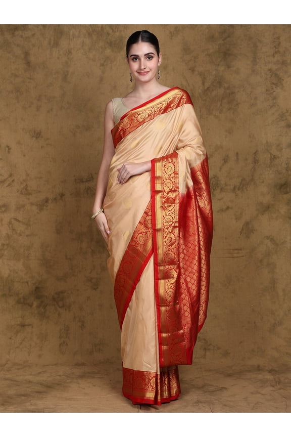Honey-Peach Pure Silk Handloom Saree with Zari Woven Peacock Border from Bangalore