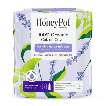 Honey Pot 100% Organic Cotton Cover Calming Herbal Infusion Overnight Pads, 12 Count