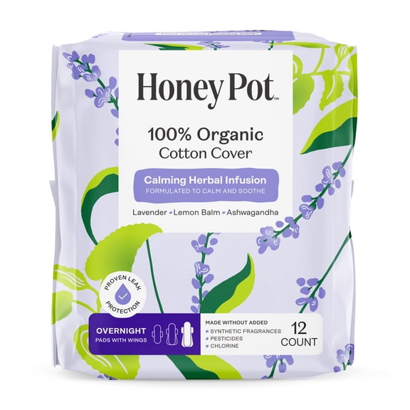 Honey Pot 100% Organic Cotton Cover Calming Herbal Infusion Overnight Pads, 12 Count