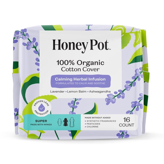 Honey Pot 100% Organic Cotton Cover Calming Herbal Infusion Super Pads, 16 Count