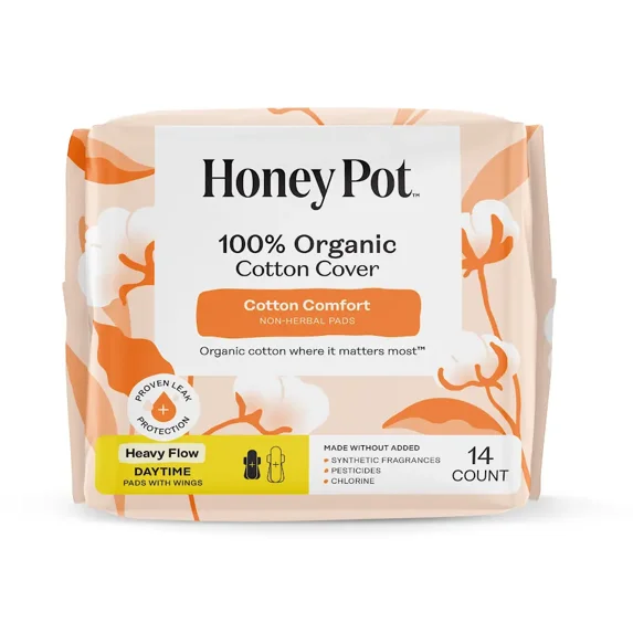 Honey Pot 100% Organic Cotton Cover Cotton Comfort Heavy Flow Daytime Pads, 14ct