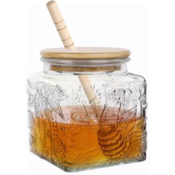 Honey Pot, Airtight Glass Honey Jar with Lid and Dipper Stick, Honey Container for Storing Syrup Jam Mason Jar for Kitchen, 17oz (Square Sunflower,1 Pack)