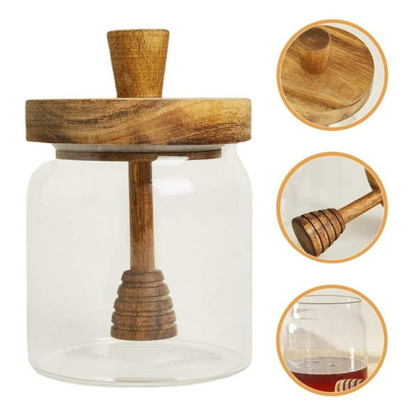 Honey Pot with Dipper & Acacia Wood Lid | Glass Honey Jar & Syrup Dispenser for Kitchen, Dining, Coffee Bar | Wooden Honey Dipper Stick Set - Elegant Storage for Syrup, Sauce by Safeglitz