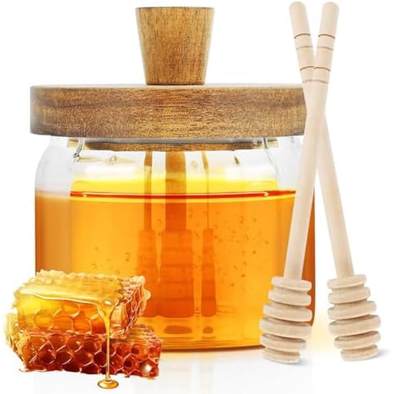 Honey Pot with Dipper and Lid - 12 oz Glass Honey Jar with Wooden Honey Dippers Stick Set, Elegant Wave Shaped Wide Mouth Honey Containers - Syrup Dispenser for Home Kitchen