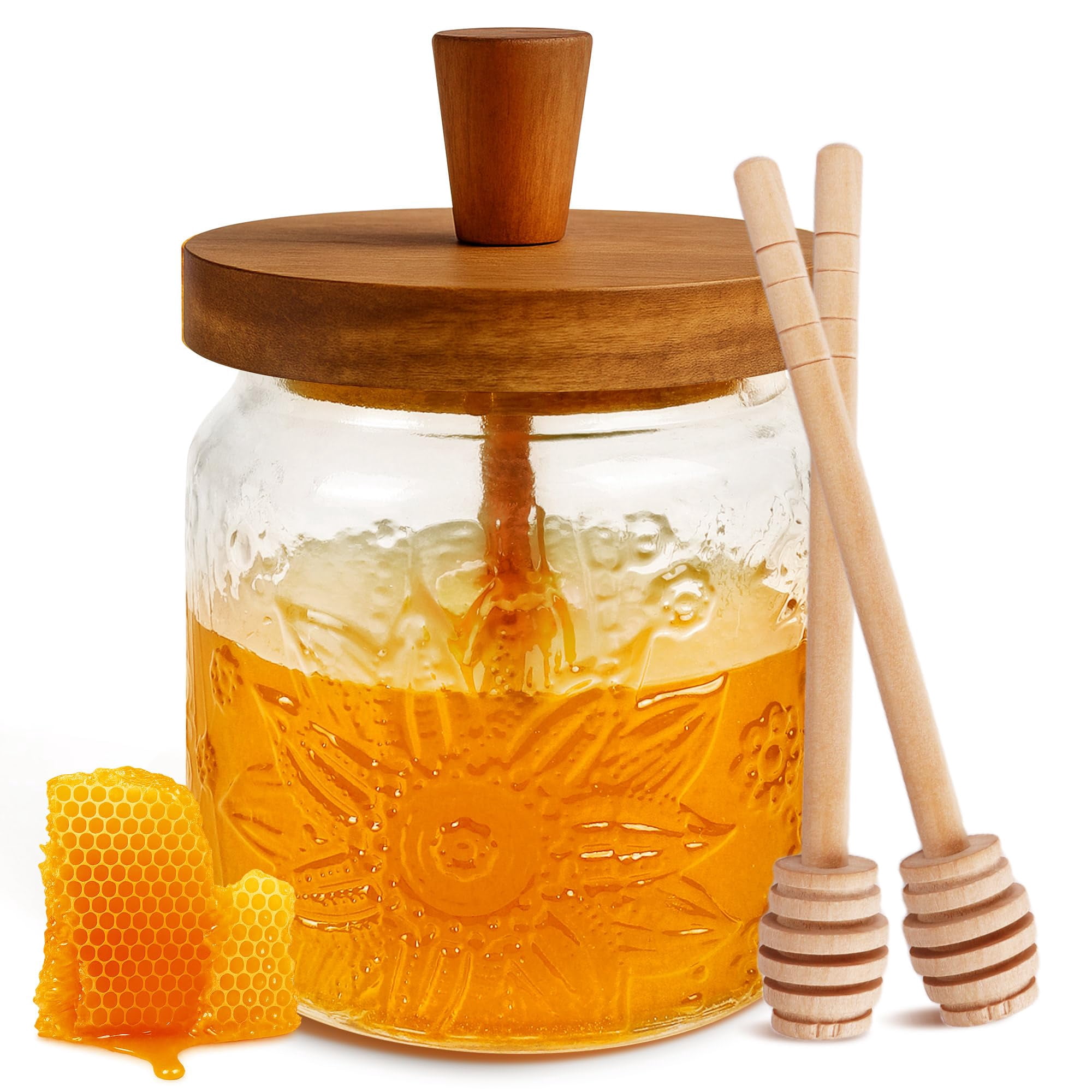 Honey Pot with Dipper and Lid - 18oz Glass Honey Jar with Wooden Honey Dippers Stick Set, Wide Mouth Honey Containers - Airtight Syrup Dispenser for Home Kitchen