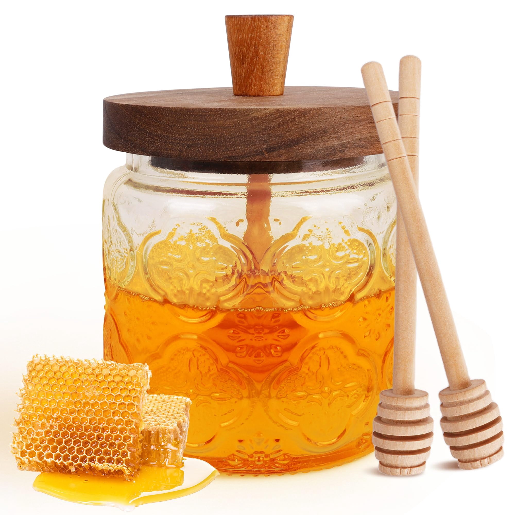 Honey Pot with Dipper and Lid - 18oz Glass Honey Jar with Wooden Honey Dippers Stick Set, Wide Mouth Honey Containers - Airtight Syrup Dispenser for Home Kitchen