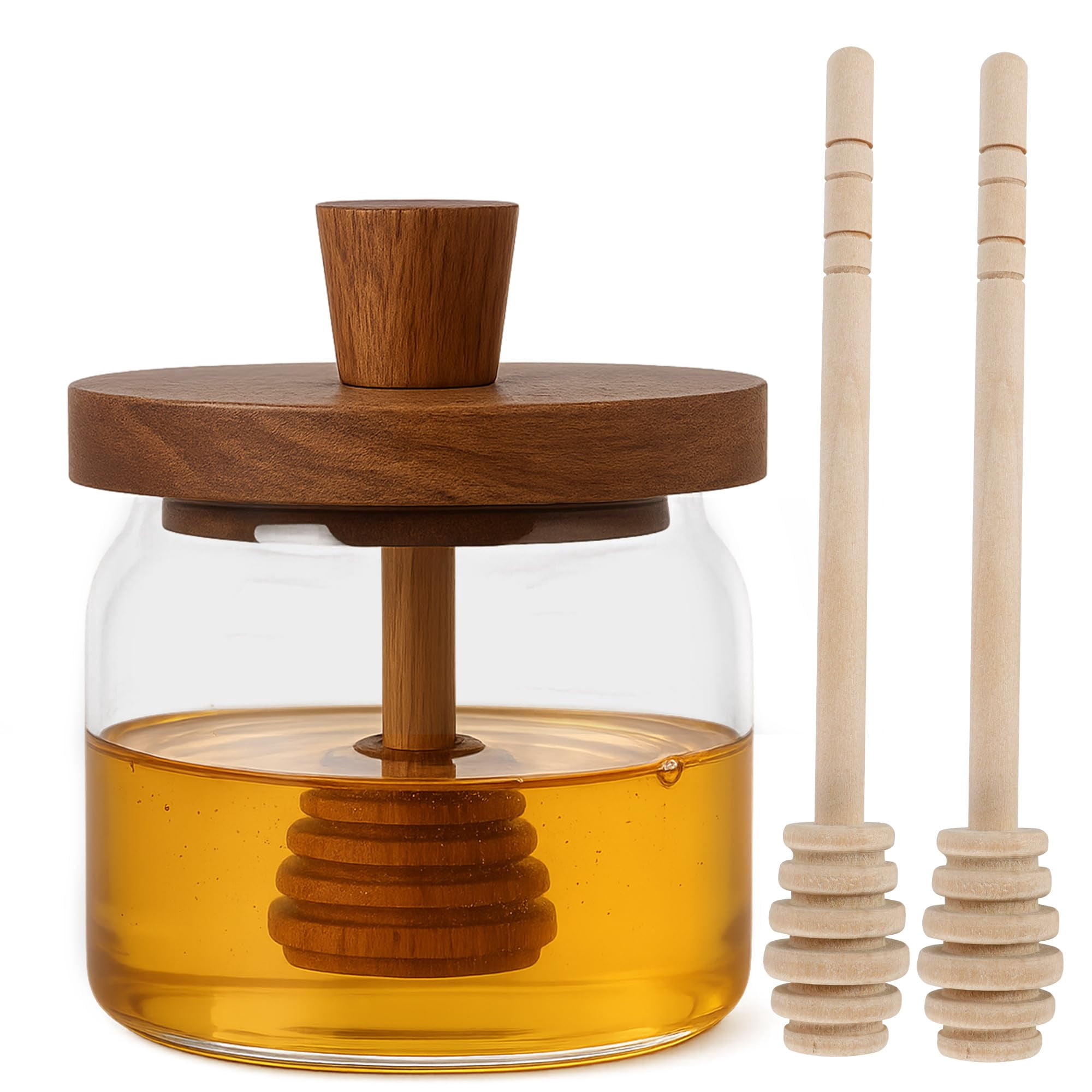 Honey Pot with Dipper and Lid - 18oz Glass Honey Jar with Wooden Honey Dippers Stick Set, Wide Mouth Honey Containers - Airtight Syrup Dispenser for Home Kitchen