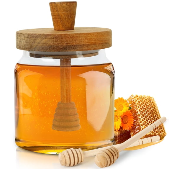 Honey Pot with Dipper and Lid - 18oz Glass Honey Jar with Wooden Honey Dippers Stick Set, Wide Mouth Honey Containers - Airtight Syrup Dispenser for Home Kitchen
