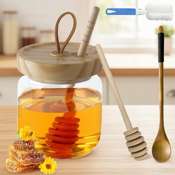 Honey Pot with Dipper and Lid, Clear Honey Container with Wooden Spoon and Sponge Brush, Honey Jar and Dipper Set for Kitchen, Home, Syrup Storage, Christmas Gifts (Acacia Wood)