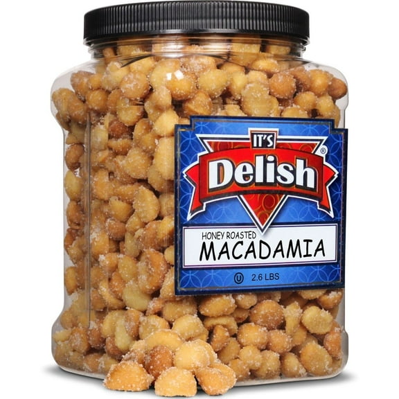 Honey Roasted Macadamia by It's Delish, 2.6 LBS Reusable Jumbo Container  Gourmet Macadamia Nuts in Honey Sugar Coating, Sweet & Heart Healthy Salted Nut, Kids Snack - Non-Dairy, Kosher Parve