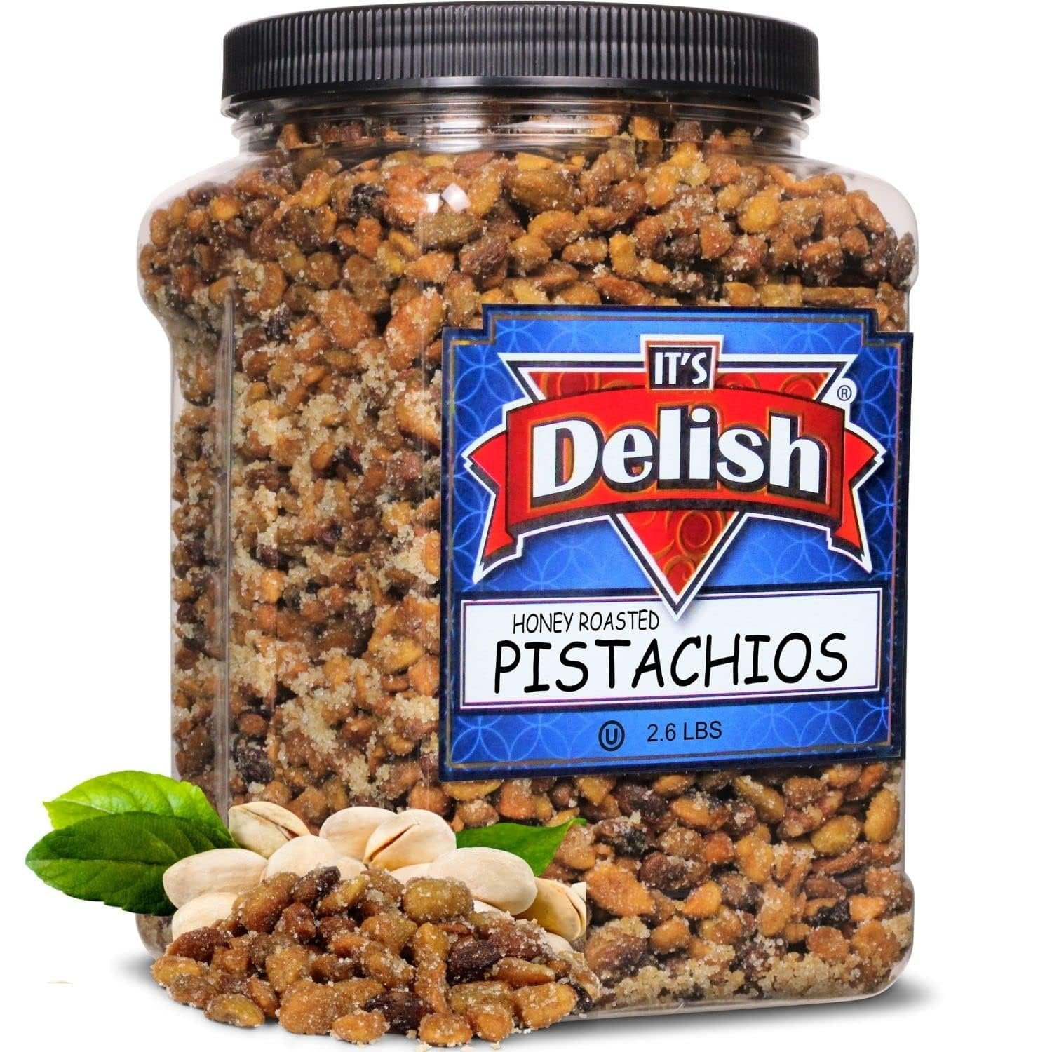 Honey Roasted Pistachio Shelled, No Shell by It's Delish, 2.6 LBS Reusable Jumbo Container  Gourmet Pistachio Shelled, No Shell Nuts in Honey Sugar Coating, Sweet & Heart Healthy Salted Nut,...