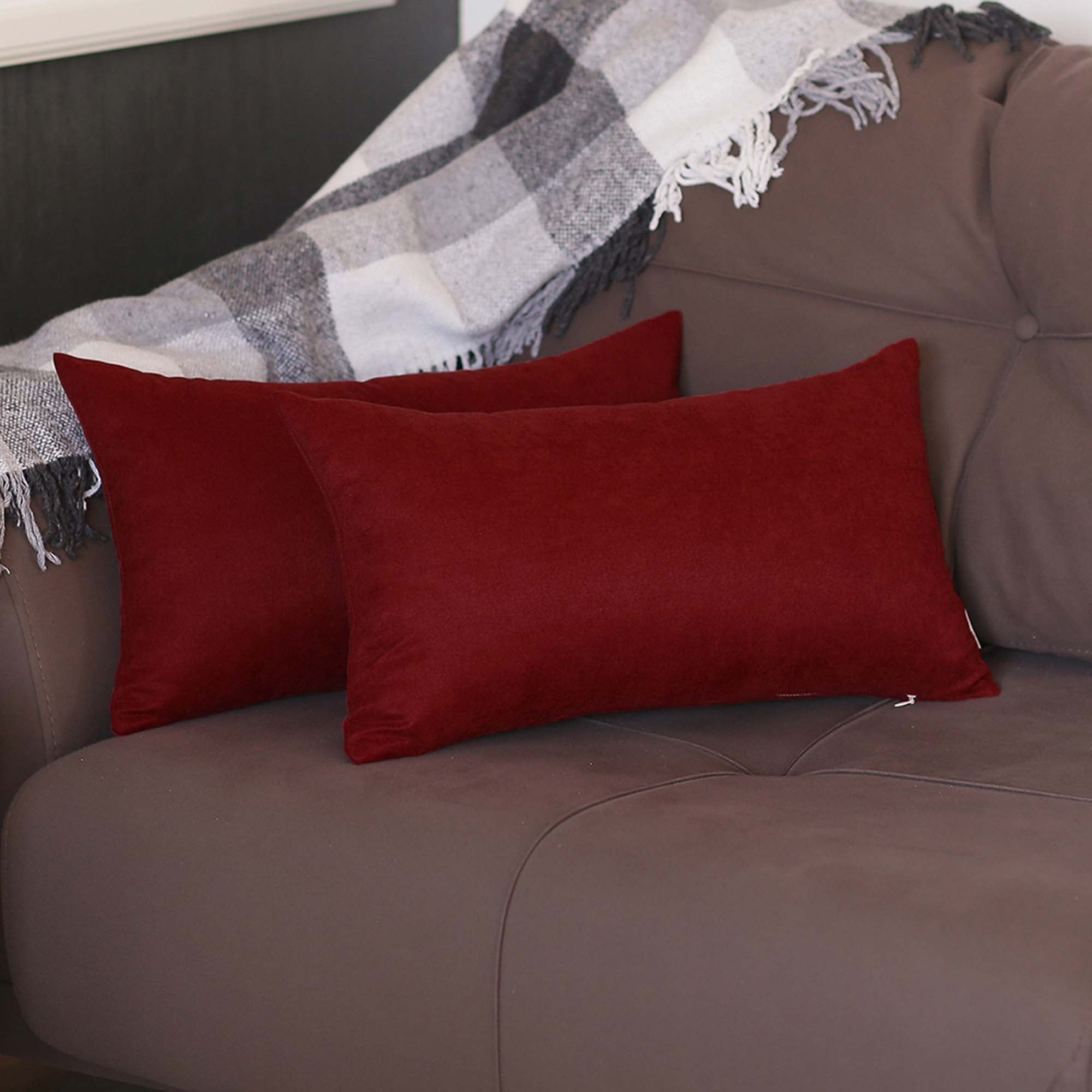 Claret Red Polyester Lumbar Pillow Covers Set of 2