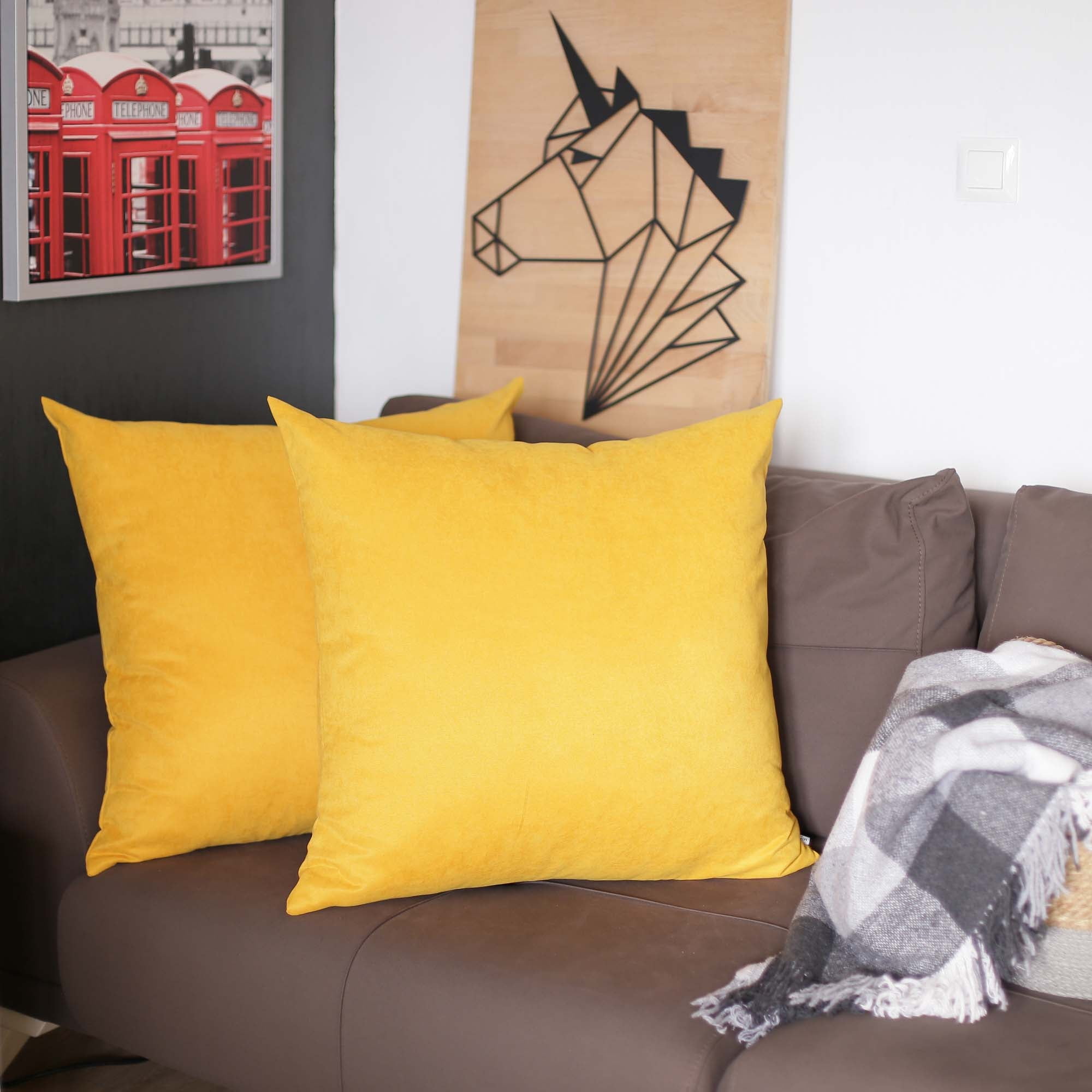 Yellow Polyester 22" Square Pillow Covers Set of 2