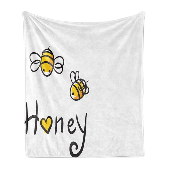 Honey Soft Flannel Fleece Blanket, Hand Drawn Doodle Style Bees with Honey Lettering Illustration Summer Season, Cozy Plush for Indoor and Outdoor Use, 70" x 90", Black White Yellow, by Ambesonne