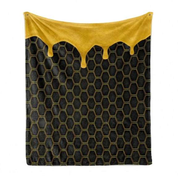 Honey Soft Flannel Fleece Throw Blanket, Illustration of Honeycomb Hexagons Dripping Honey Organic Beehive, Cozy Plush for Indoor and Outdoor Use, 70" x 90", Yellow Grey, by Ambesonne
