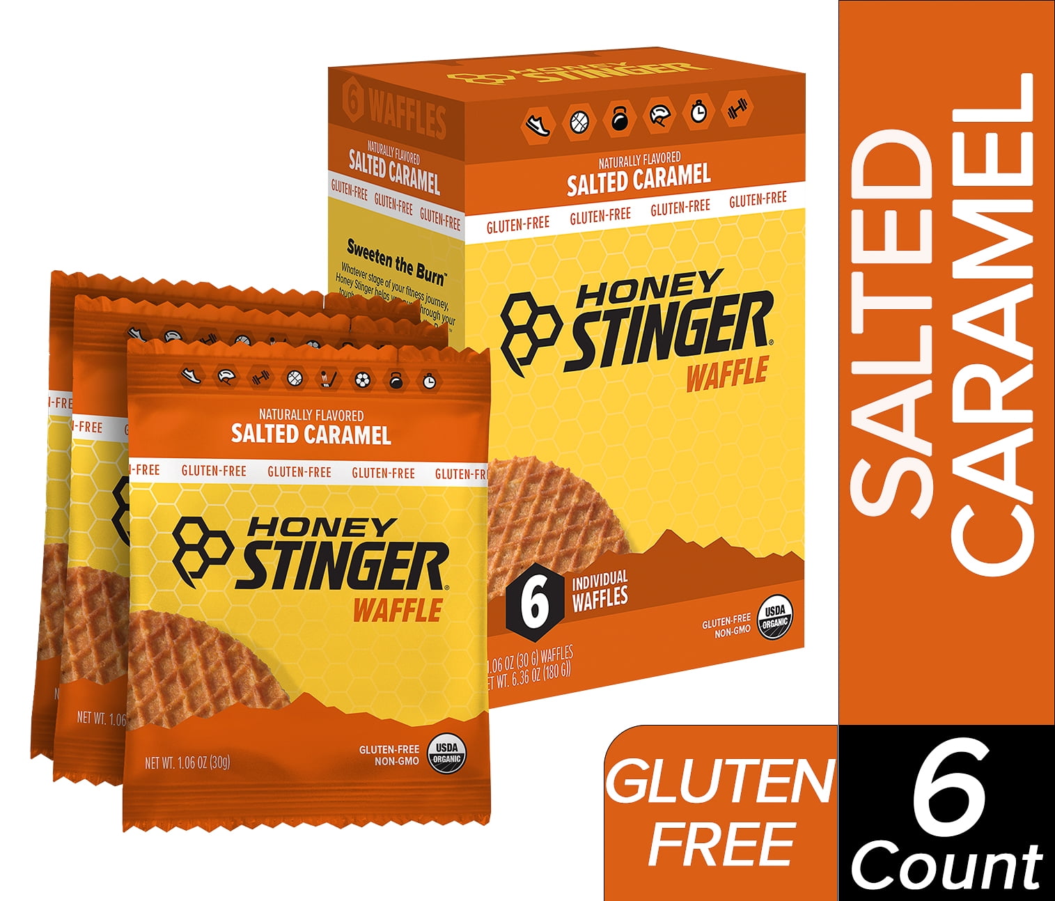 Honey Stinger, Individual Healthy Organic Gluten Free Snack Waffle for Lunch or After School, Salted Caramel, 6 Ct