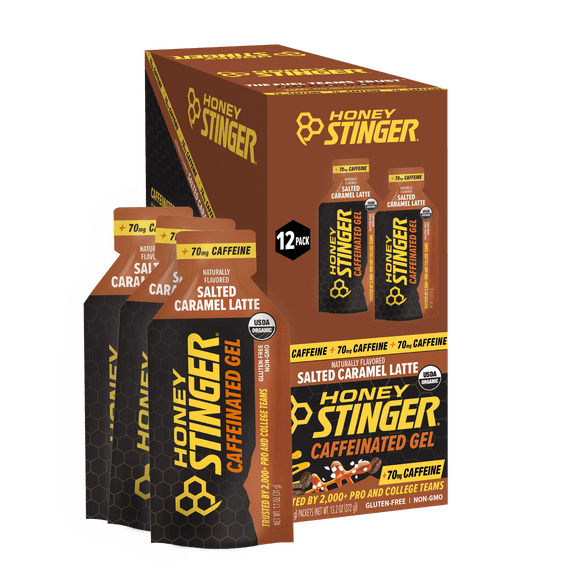 Honey Stinger Organic Gluten-Free Caffeinated Energy Gel, Salted Caramel Latte, 1.1 oz, 12 Count Box