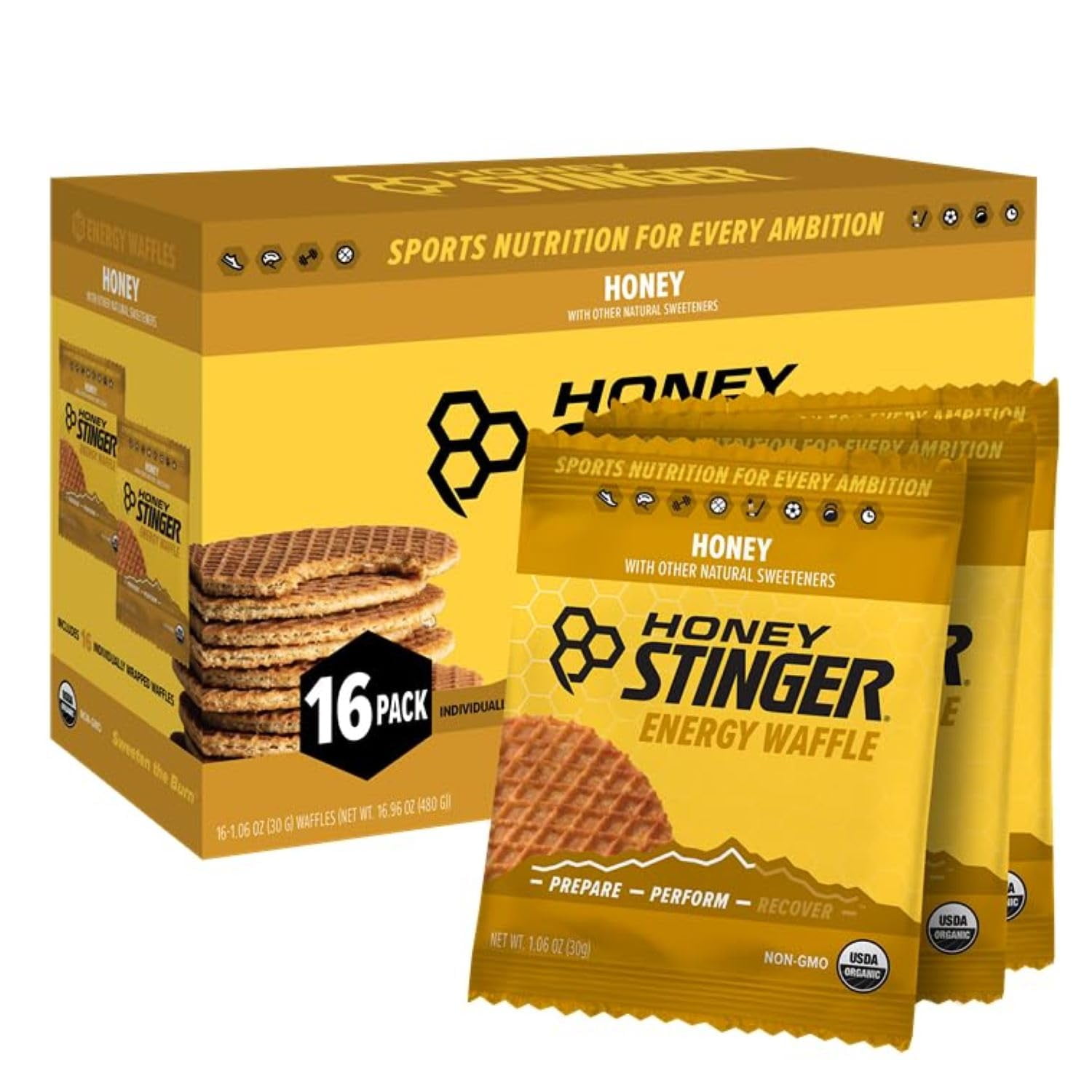 Honey Stinger Organic Honey Waffle Energy Stroopwafel H2FSDfor Endurance and Performance Sports Nutrition for Home & Gym, Pre and Post Workout Box of 16 Waffles, 16.96 Ounce (Pack of 16)