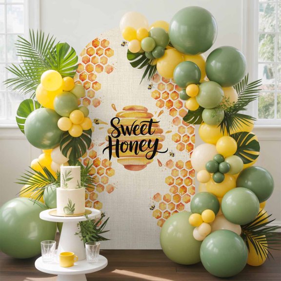 Honey Sweet Arch Backdrop Cover, 5FT, Vintage Bees Spring Insects Linen Texture Spandex Arch Covers Double-Sided Backdrop for Wedding Birthday Party Photo Background Decoration