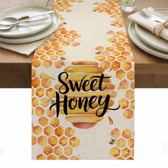 Honey Sweet Cotton Linen Table Runner Vintage Bees Spring Insects Linen Texture Dining Table Runners for Home Decor Party Dining Room Restaurant Kitchen Party 13" x 36"