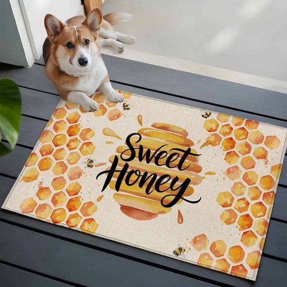 Honey Sweet Front Door Rugs 2x3 ft Vintage Bees Spring Insects Linen Texture Small Rug for Entryway Non Slip Washable Bathroom Door Mat Absorbent Floor Mat for Indoor Entrance