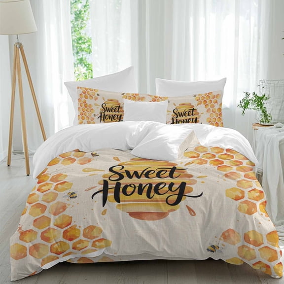 Honey Sweet Full Size Comforter Set, Vintage Bees Spring Insects Linen Texture Bedding for All Seasons, 4 Pcs Bed Set, 1Quiltcover (86"x86") ,1Sheet(80"x116"), 2Pillowcases (30"x20")
