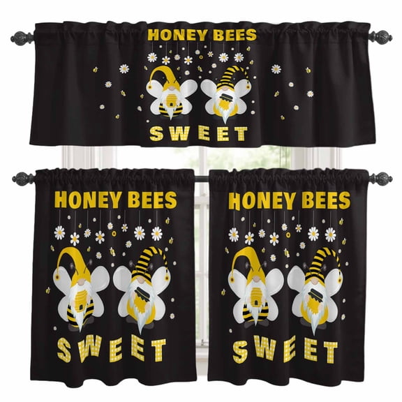 Honey Sweet Kitchen Curtains Valances and Tiers Set of 3 Gnomes Bees Daisy Black Tier Curtains and Valance with Rod Pocket for Small Windows, 27.5"x24"