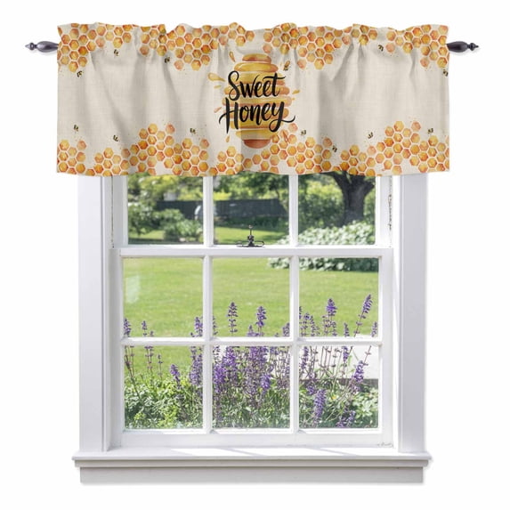 Honey Sweet Valance Curtain Vintage Bees Spring Insects Linen Texture Window Valances Rod Pocket Short Curtains Window Treatments for Kitchen Bedroom Bathroom Laundry 60" x 18"
