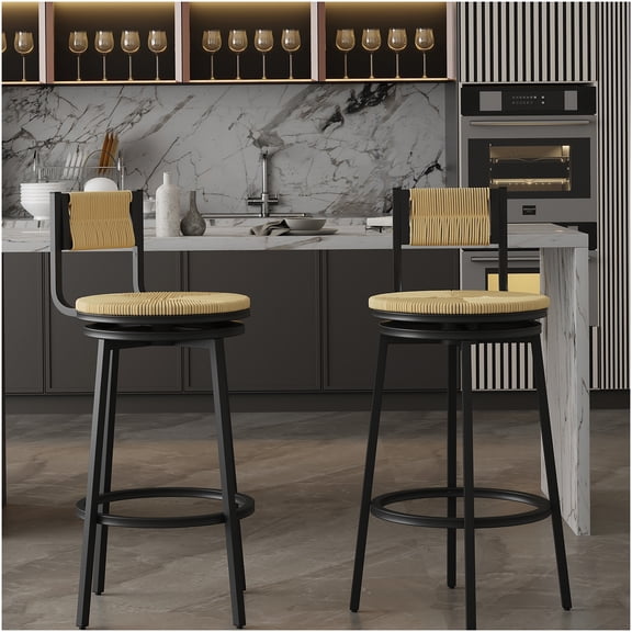 Honey Swivel Bar Stools Set of 2, Handwoven Paper Rope Counter Stools with Backrest, 360 Degree Rotating Seat, Farmhouse Kitchen Island Chairs