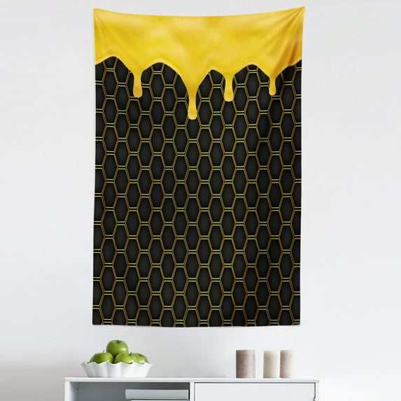 Honey Tapestry, Illustration of Honeycomb Hexagons Dripping Honey Organic Beehive, Fabric Wall Hanging Decor for Bedroom Living Room Dorm, 5 Sizes, Yellow Grey, by Ambesonne