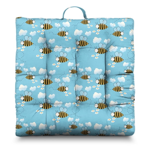 Honey Themed Thick Meditation Cushion - Bumble Bee Cartoon Design Floor Pillow, 4.7" Soft Seating Pad with Sunlight-Expanding PP Cotton Filling