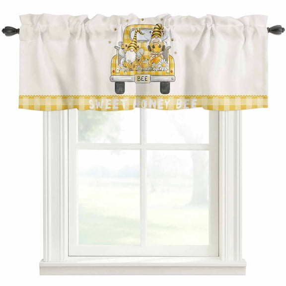 Honey Truck Valances for Windows Sweet Honey Bee Gnomes Floral Yellow Plaid Beige Rod Pocket Curtain Valance Window Treatment Short Curtains for Kitchen Living Room, 42"x12"