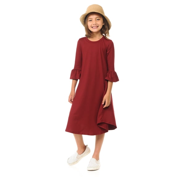 Honey Vanilla Girls' Bell Sleeve Trapeze Dress with Easy Removable Label Burgundy Small 5-6 Years