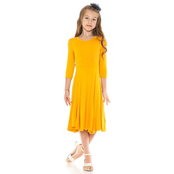 Honey Vanilla Girls' Princess Seam A-Line Dress with Full Skirt and Easy Removable Label Mustard Medium 7-8 Years